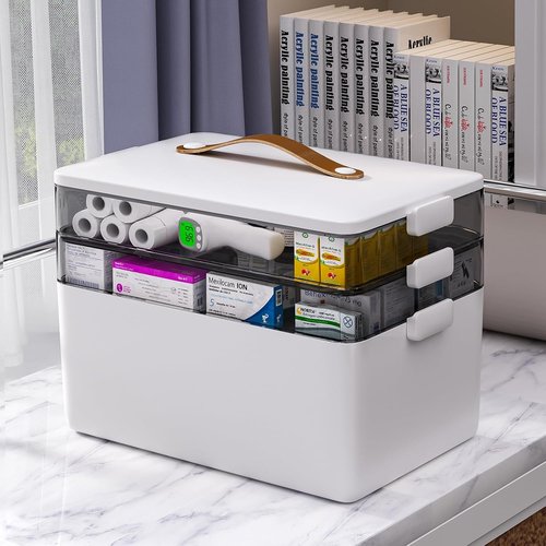 Funest 3-Tier Medicine Storage Box - Portable First Aid Kit Organizer with Removable Tray | White