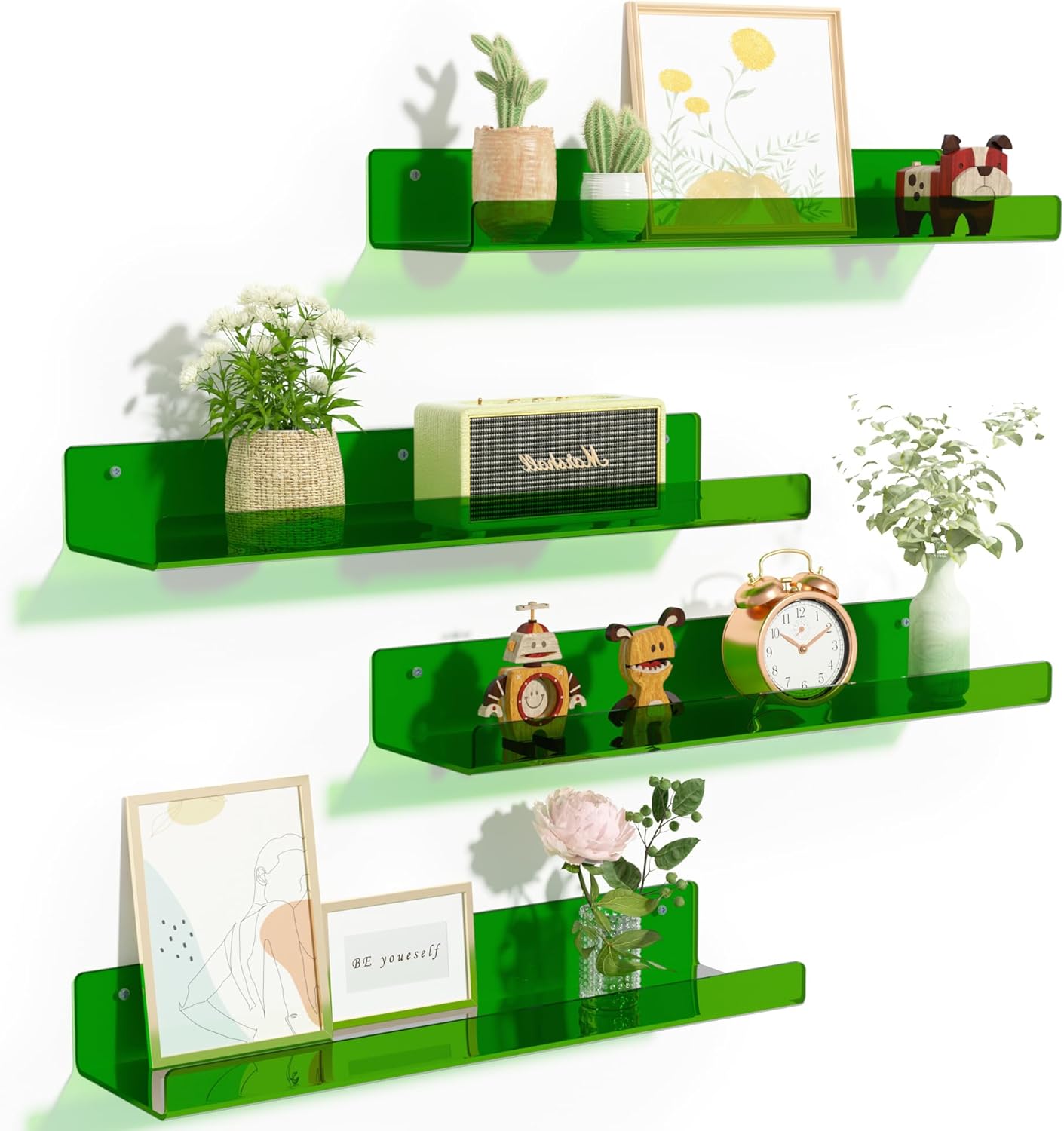 Upsimples Acrylic Wall Shelves - 15" Clear Green Floating Display Shelf Set for Bathroom & Bedroom | 4 Pack