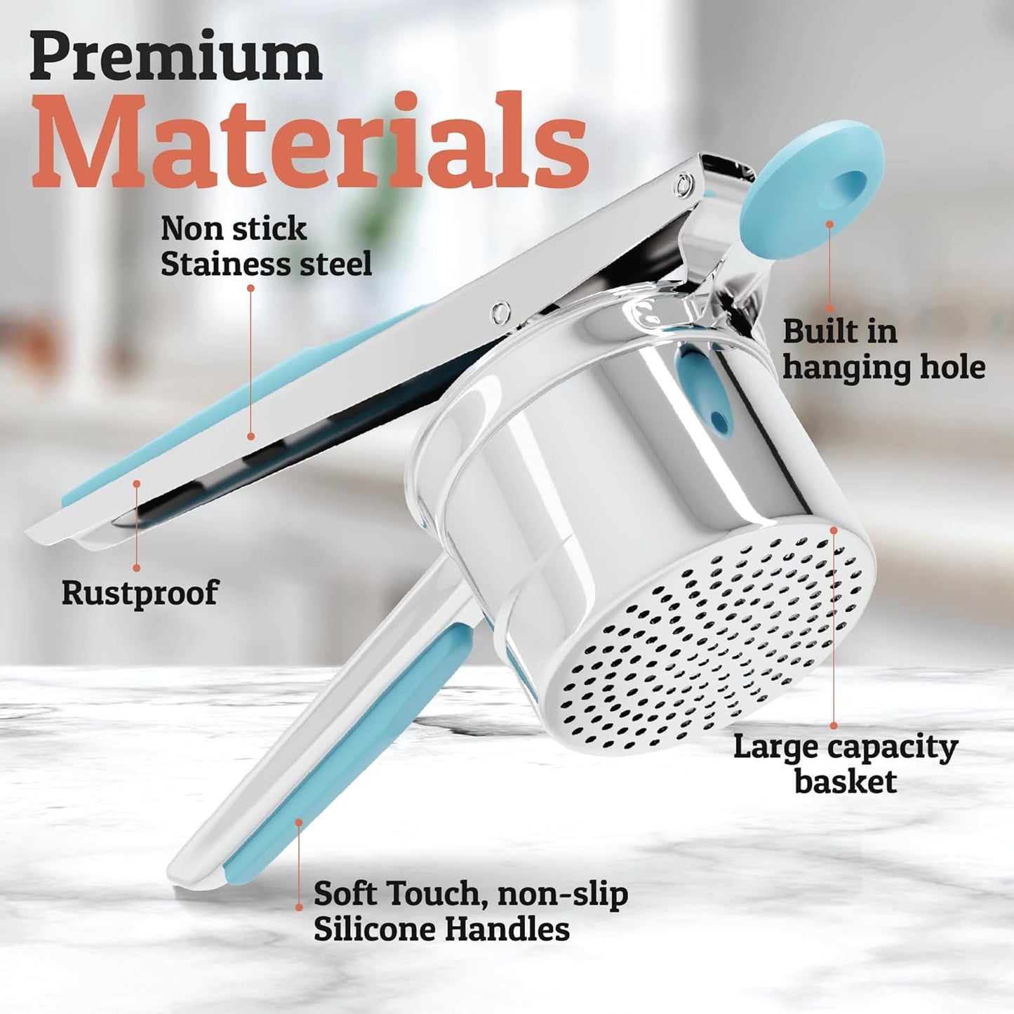 PriorityChef 15oz Potato Ricer - Heavy Duty Stainless Steel with 3 Discs for Perfect Mashed Potatoes | Turquoise