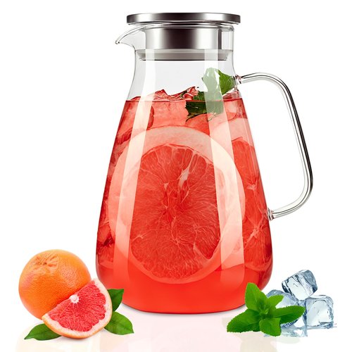 FrutPunch 2 Liter 68 oz Glass Pitcher with Lid, Modern Design, Transparent, Leakproof, Wide Mouth, With Handle