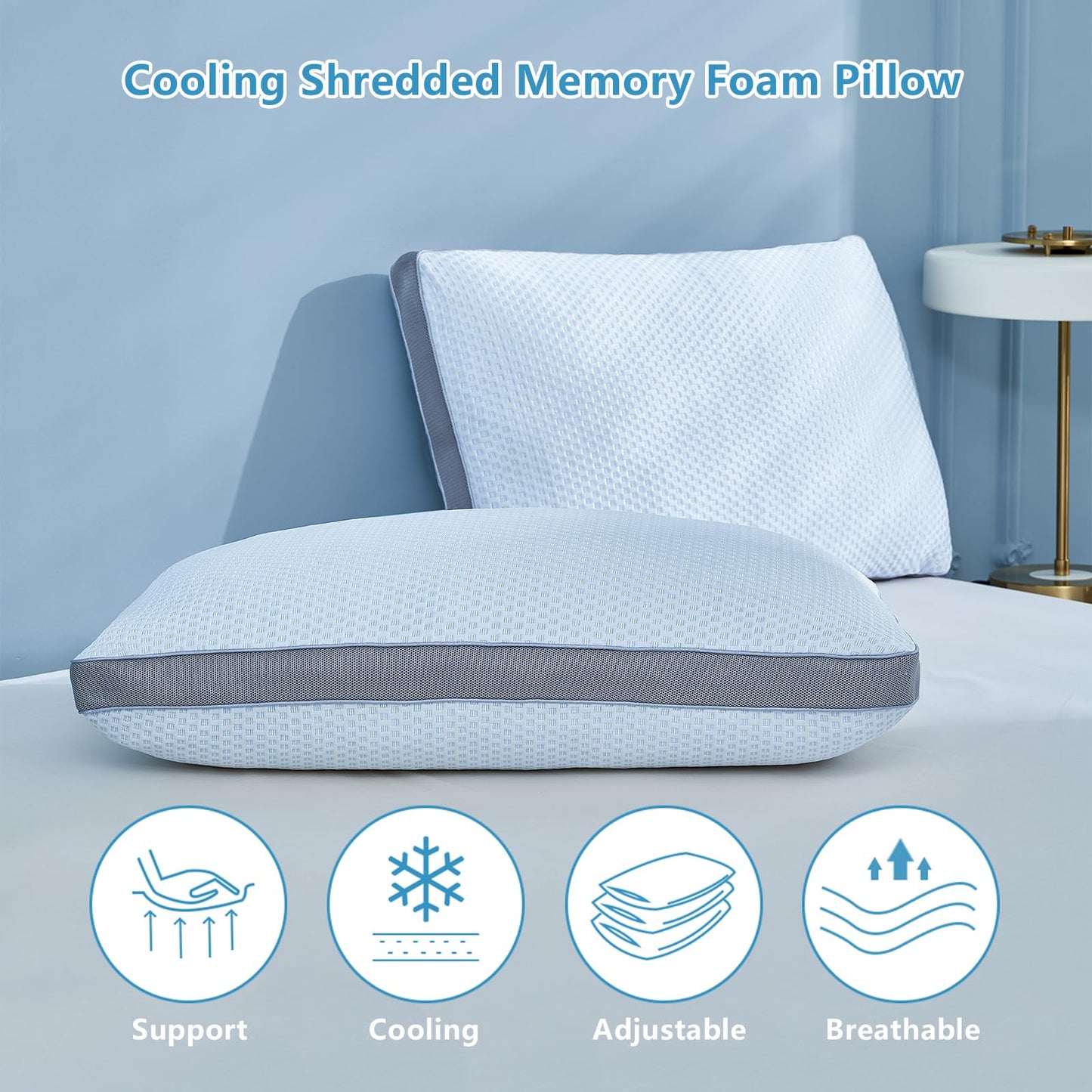 YOUR MOON Shredded Memory Foam Pillow for Sleeping Cooling Bed Pillows Queen Size Set of 2, Medium Firm Pillow 2 Pack Queen, Adjustable Loft Cooling Pillow for Hot Sleepers(Blue)