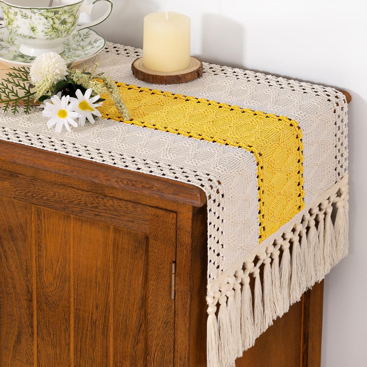 Socomi Boho Table Runner Macrame Summer Farmhouse Woven Cotton Linen Rustic Coffee Table Runner with Tassels for Dresser Scarf Home Decor Dining Room 12x90 inYellow Gold Ivory