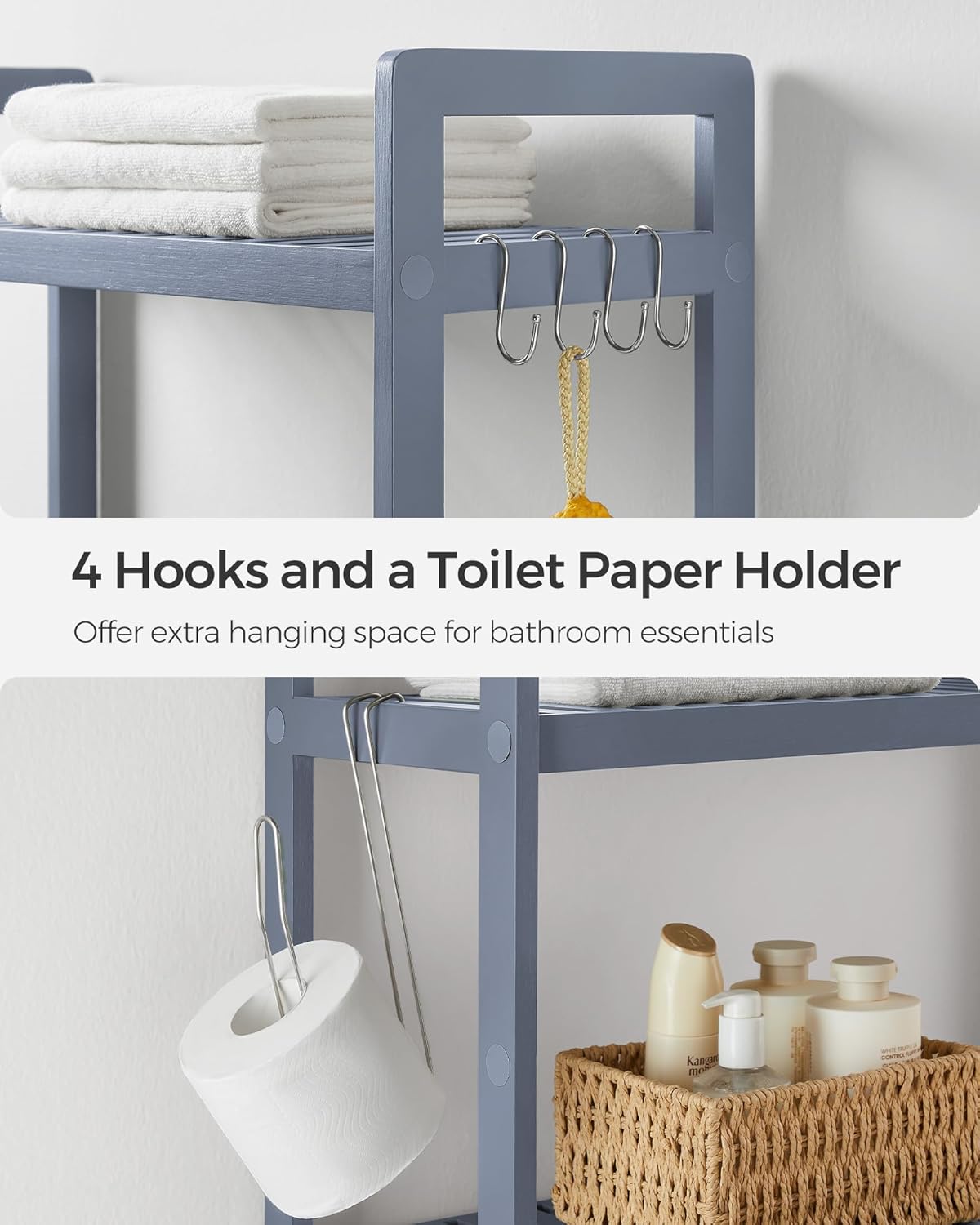 SONGMICS Over The Toilet Storage - 3-Tier Bathroom Organizer with Adjustable Shelf | Space-Saving Gray, 10.2 x 24.8 x 66.9 Inches
