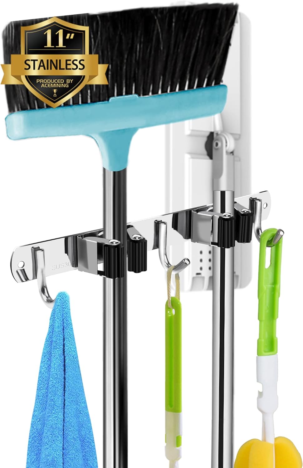 Skiennix Wall-Mounted Broom and Mop Holder - Heavy-Duty Stainless Steel Organizer with 2 Racks & 3 Hooks | Non-Slip Design for Home & Garage