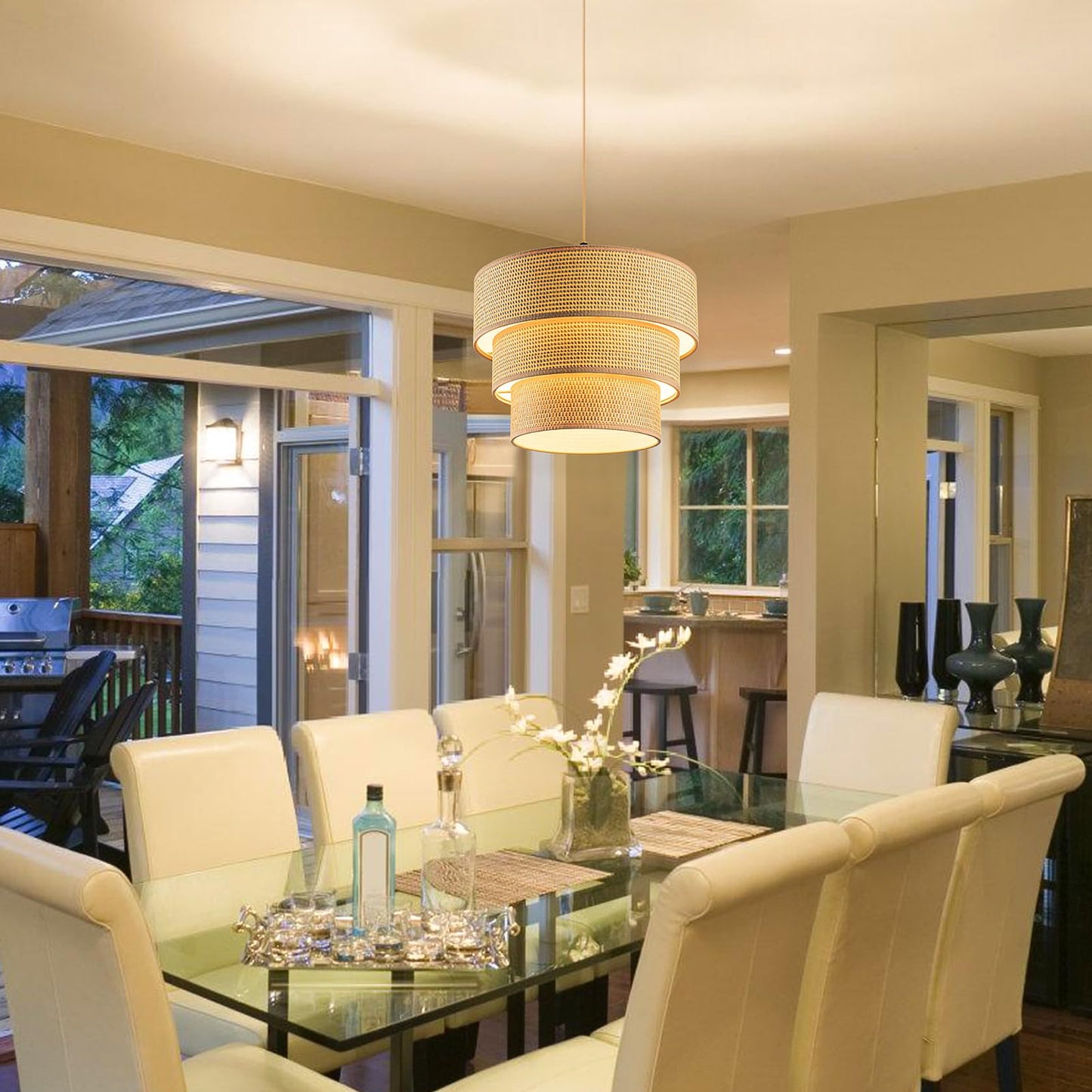 Mateyrie Plug in Pendant Light, Hanging Lamp with Dimmable Switch, Rattan Pendant Light Fixtures with 15 Ft Cord, Boho Lamp with Yellow Lamp Shade for Bedroom, Kitchen, Living Room