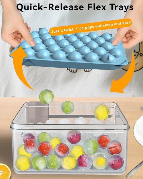 Ice Cube Trays with Lid and Bin, BPA-Free Mini 0.75 Inch Sphere Ice Molds, 2-Pack Small Round Ice Ball Trays, Easy Release, Includes Scoop & Ice Storage Box for Cocktails, Coffee
