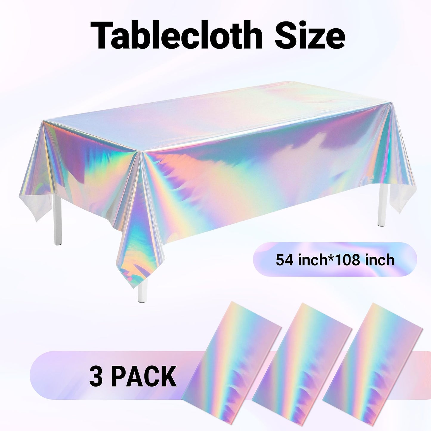 Childom 3 Pack Iridescent Tablecloth,54" x 108" Birthday Party Tablecloths Iridescence Plastic Disposable Table Covers Iridescent Party Decorations,Plastic Tablecloth for Buffet Table,Birthday Decors