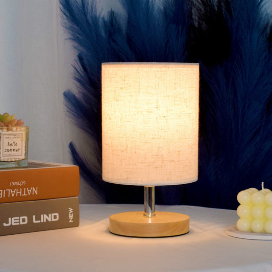ACHUAI Small Table Lamp-Wooden Bedside Lamp Simple Bedroom Lamp Linen Shade Mini Desk Lamp Night Light Nightstand Lamp for Bedroom,Living Room,Kids Room (Including LED Bulbs) (Round-B)