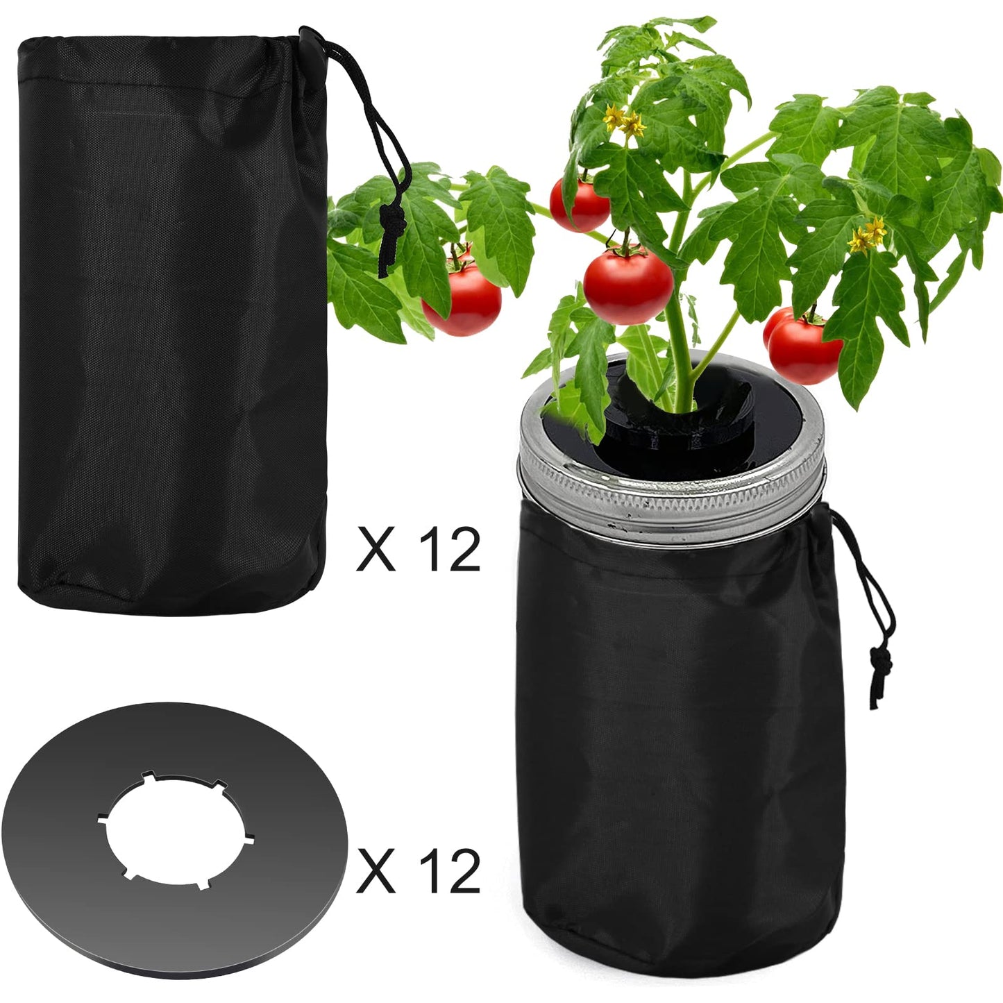12pcs Kratky Wide Mouth Hydroponic Cover Lids with Blackout Sleeves and Hole for Mason Jars