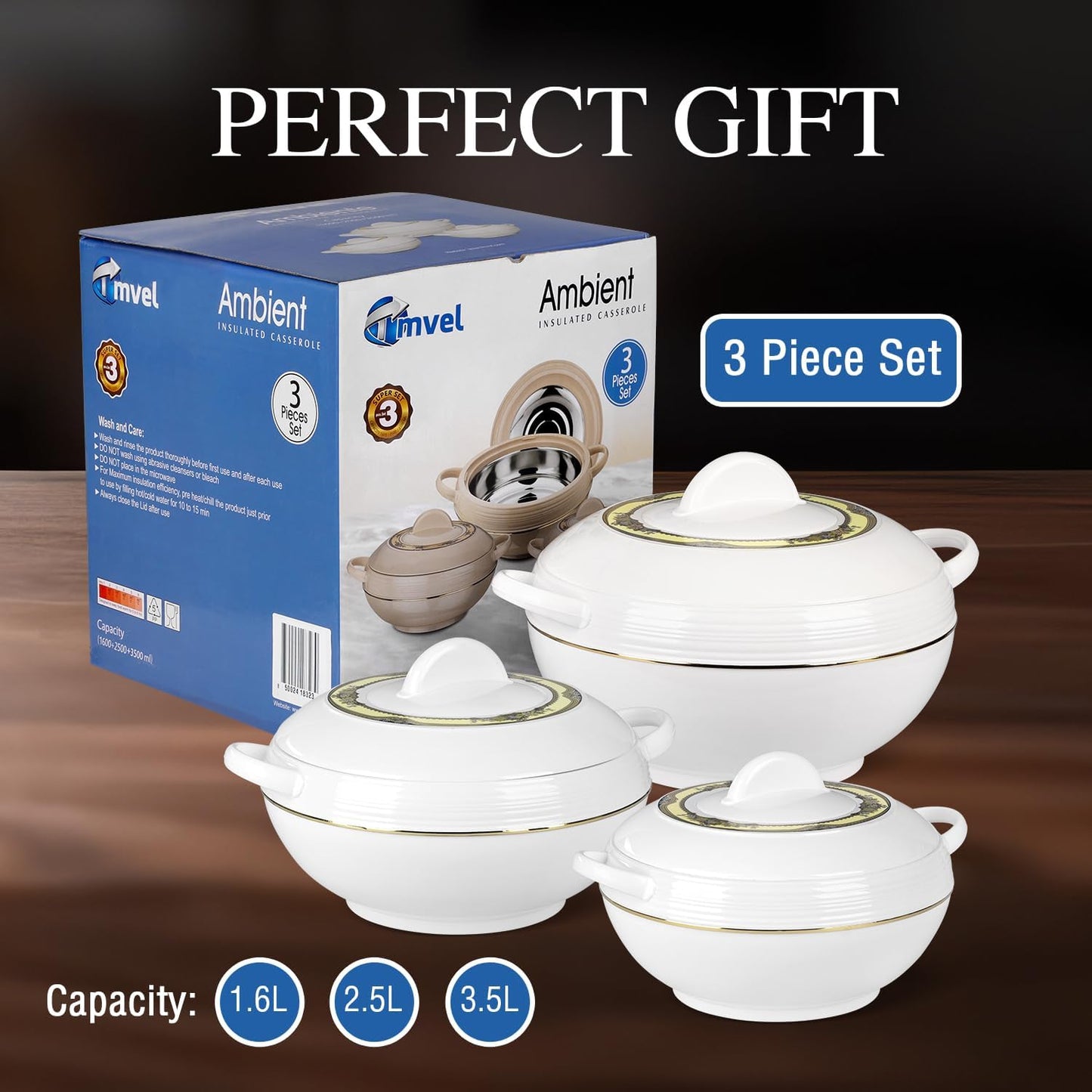 Ambiente Food Warmer Hot Pot Set Of Insulated Casseroles 1.2 1.6 And 2.5 Litre (White)