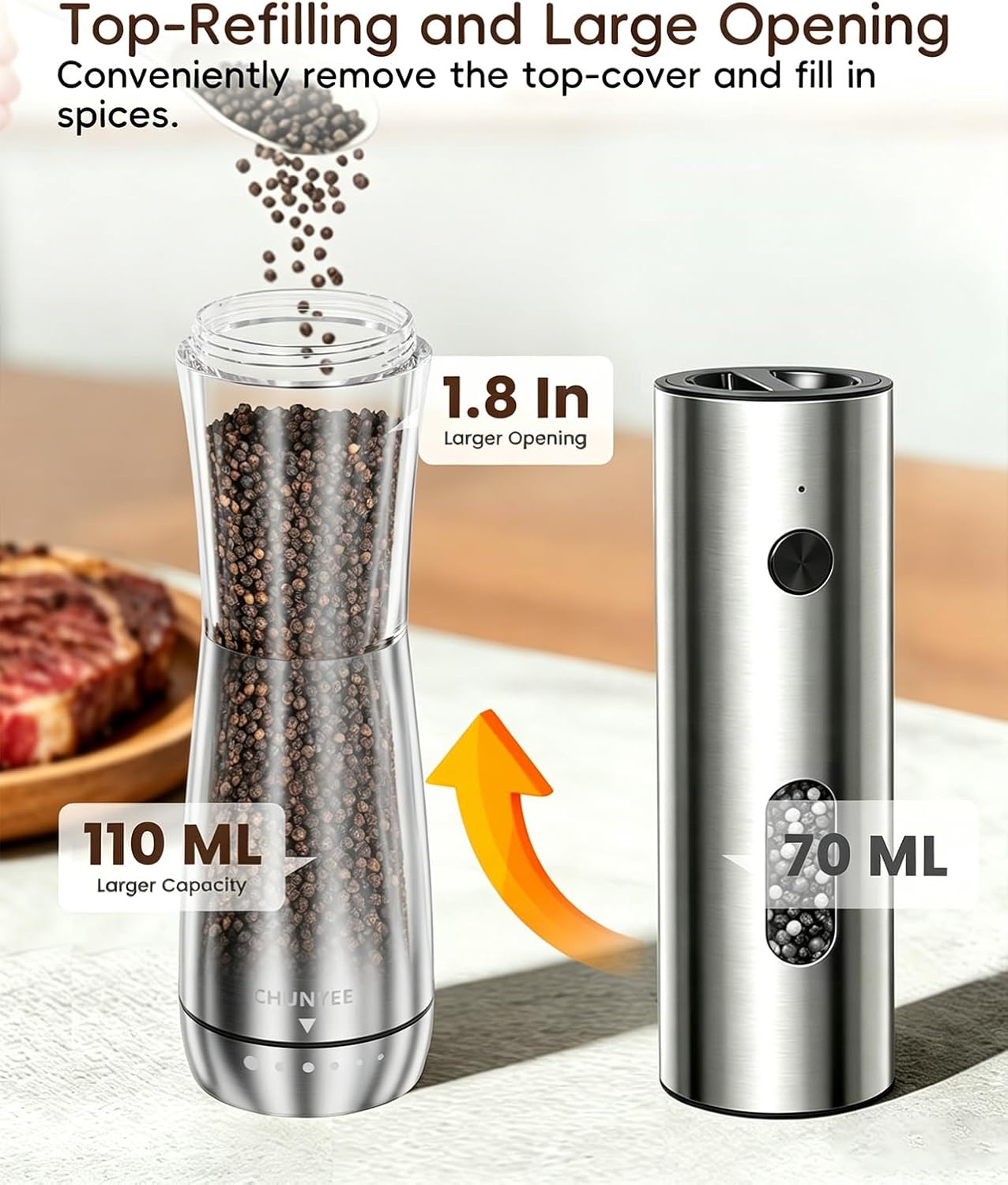Skiennix Electric Salt and Pepper Grinder Set - Automatic Stainless Steel with LED Light & Adjustable Coarseness