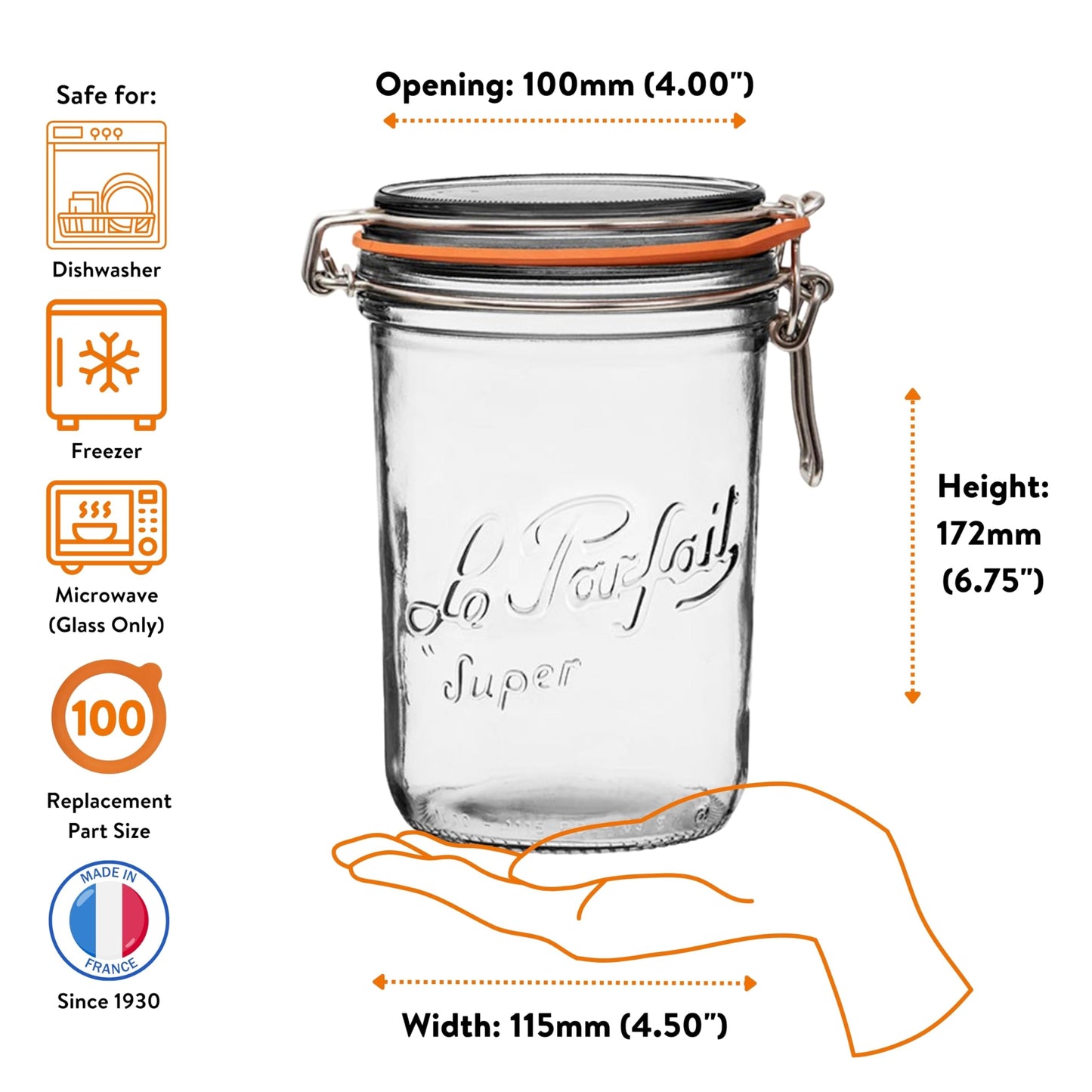 Le Parfait Super Terrine 1L (32oz) Zero Waste Eco-Friendly Glass Canning Jar, Airtight Rubber Seal & Wire Bail Lid, BPA-Free, Water Bath Safe for Food Storage & Preserving, Made in France