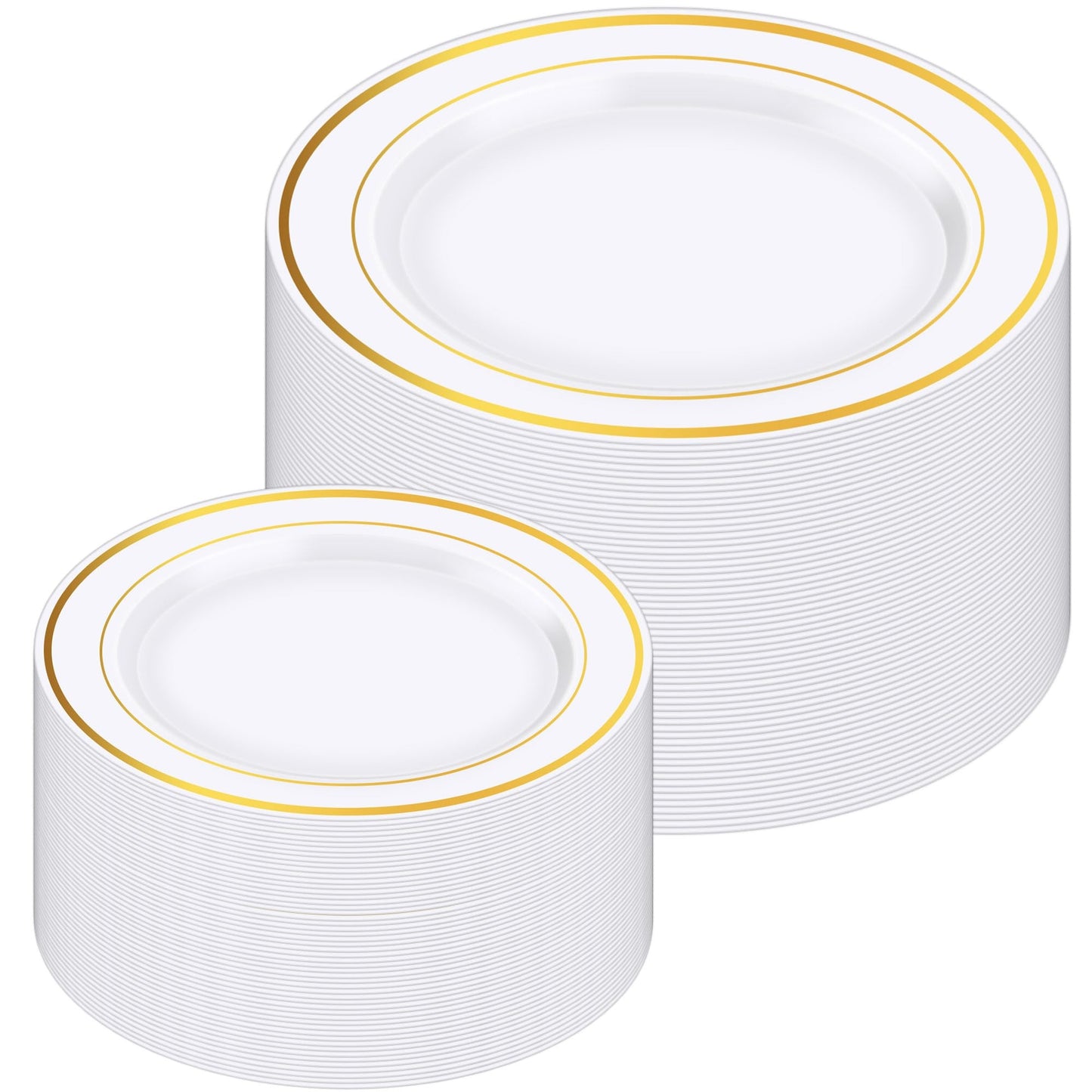 Zcaukya 100PCS Gold Plastic Plates, Disposable Plastic Dishes with Gold Rim in Bulk, 50 Pcs Each 10.25 Inch and 7.5 Inch for Dinner, Birthday and Wedding