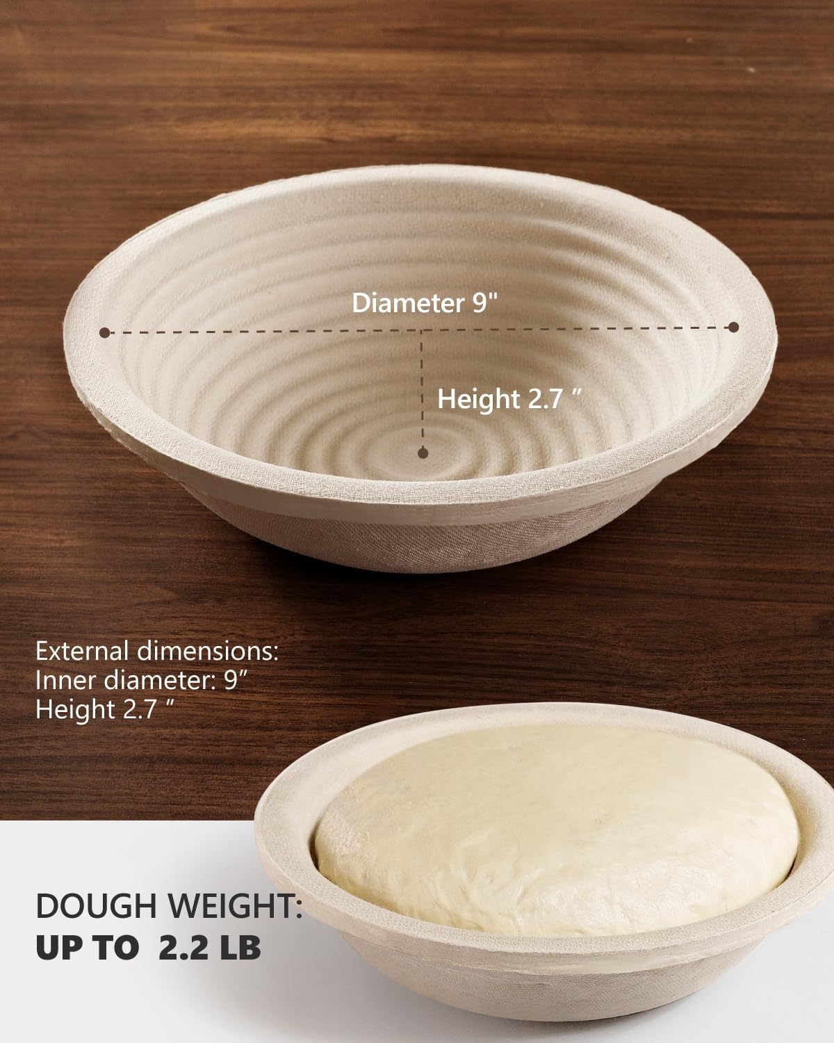 Wood Pulp Banneton Bread Proofing Baskets - Set of 2, 9 Inch Round Non-Stick Sourdough Bowls