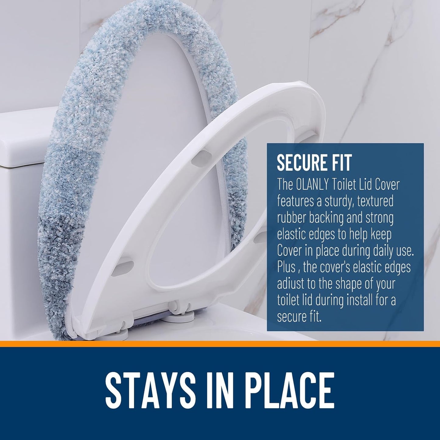OLANLY Soft Microfiber Toilet Lid Cover - Machine Washable, Non-Slip Rubber Backing, Blue, 17.5x15
