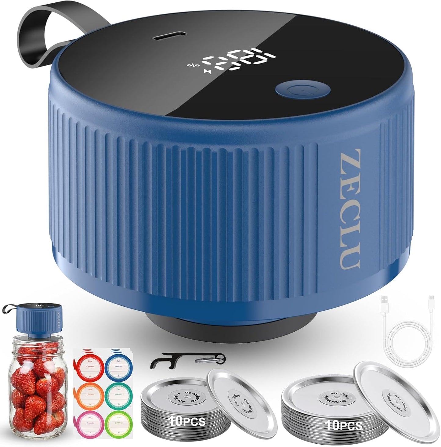 Skiennix Electric Mason Jar Vacuum Sealer Kit - Automatic Wide & Regular Mouth Sealer | Portable Canning Tool with 20 Lids & 24 Labels, Blue