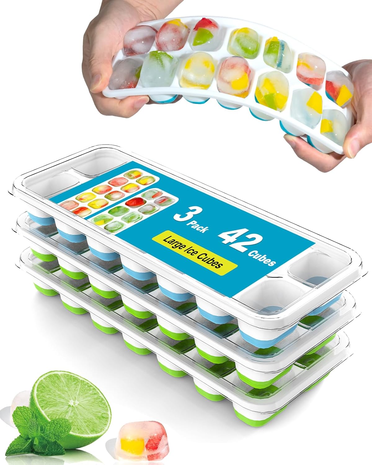 Skiennix Ice Cube Trays - Flexible Silicone Bottom for Easy Release | 3 Pack, Color-Coded (2 Green, 1 Blue)