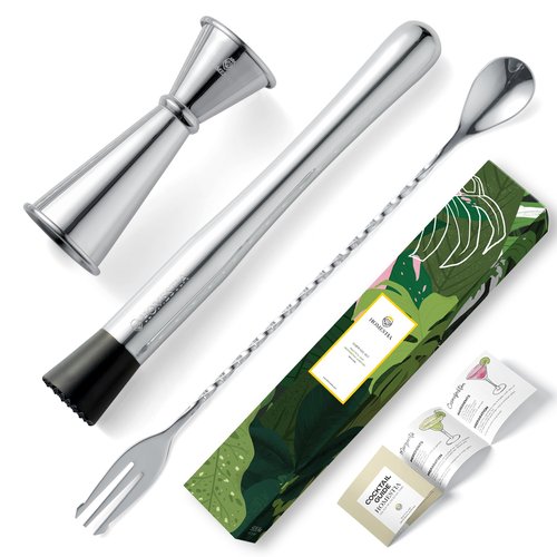Homestia 3 Pcs Muddler for Cocktails Set, 10'' Muddler, 12'' Cocktail Spoon & 1 OZ/2 OZ Double Jigger Mixing Tool Set, Stainless Steel Silver Bar Tool Set for Beverages Drinks Mixing Home Bar