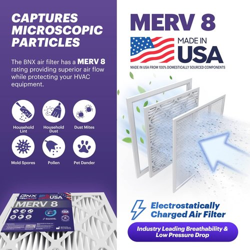 BNX TruFilter 20x20x1 Air Filter MERV 8 (6-Pack) - Made in USA | Electrostatic Pleated HVAC Filters for Dust, Pet & Mold Defense