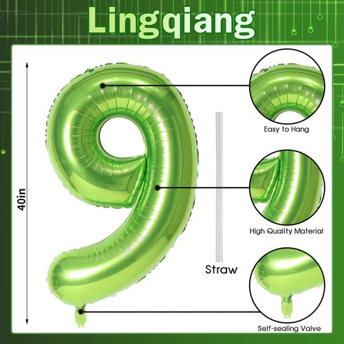 40 Inch Balloon Number 9 Green, Large Foil Number Balloons Set 0-9, Digital 9 Helium Balloons for Girls Boys Men Women 9th Jungle Football Birthday Anniversary Graduation Christmas Party Decoration