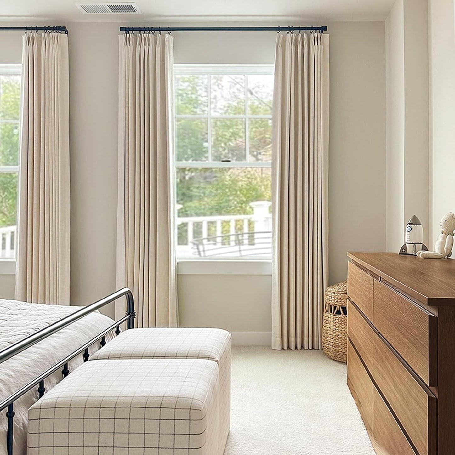 100% Blackout Curtains by Shield - Linen Pinch Pleated Drapes, 96 Inch Long, Cream, 2 Panel Set
