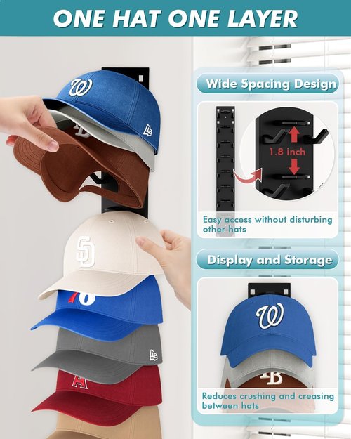 Hat Organizer by [Brand Name] - Strong Adhesive Wall Rack for 18 Baseball Caps | Multi-Layer Hooks - Black
