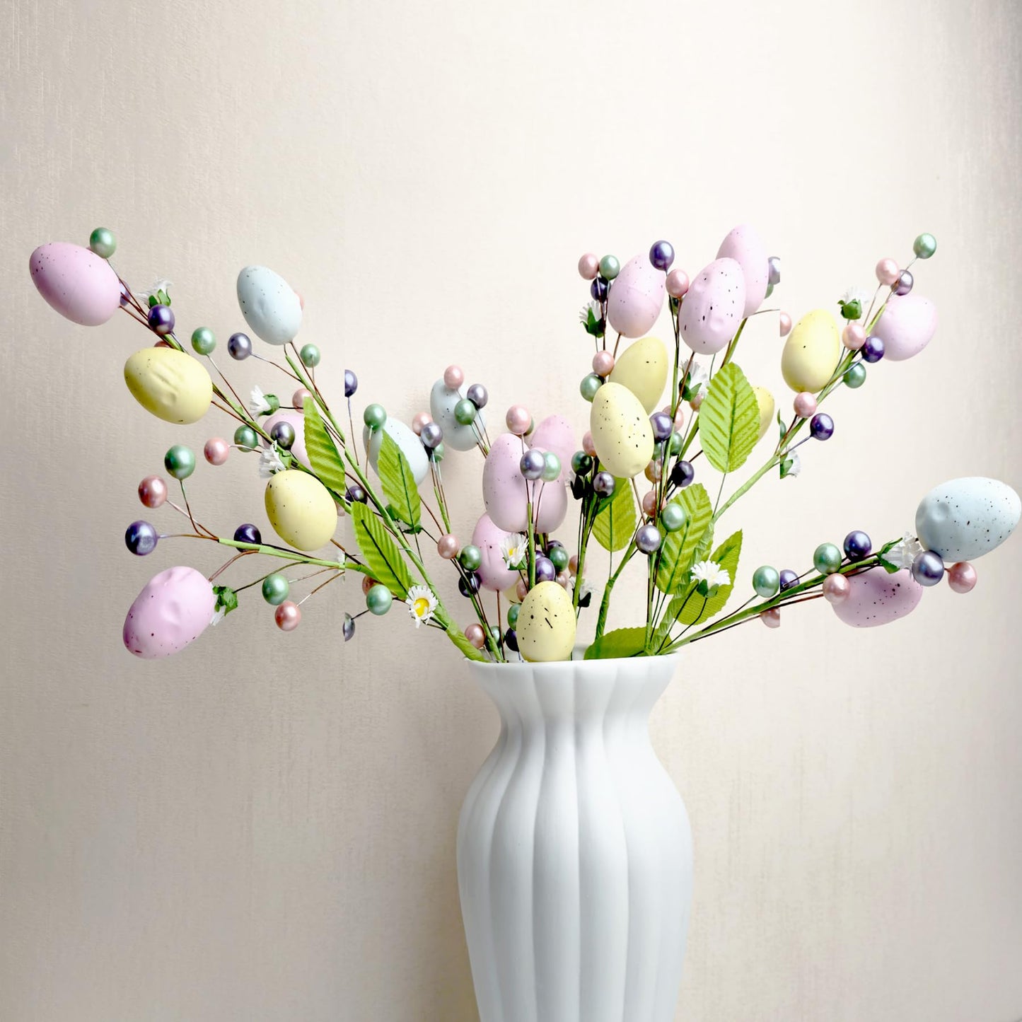 VSHZXFH 4pcs Artificial Easter Spray Vine with Pastel Easter Eggs and Berries- Decorative Spring Floral Stems-Egg Twig Branches for Floral Arrangement-Centerpiece Wreath Decoration