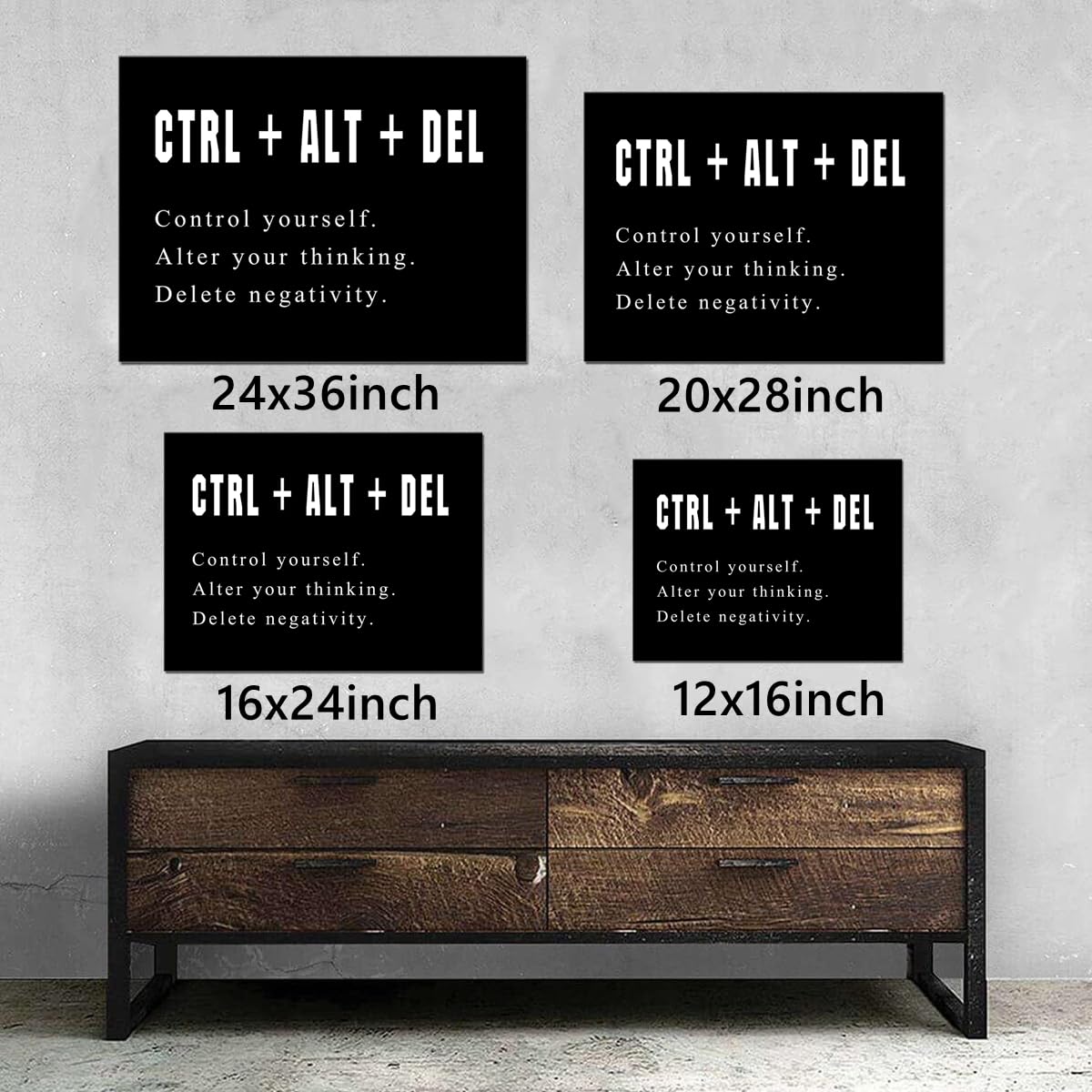 Large Black Motivational Wall Art Artwork Motto Control Alt Delete Office Positive Quotes Canvas Print Inspirational for Office Living Room Home Decor Framed 20x28inch