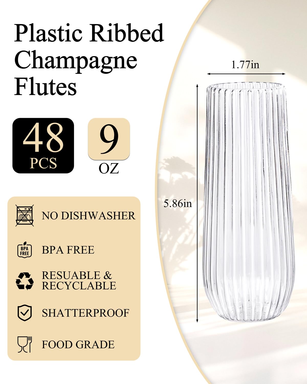Ciaell 48PCS Plastic Ribbed Champagne Flutes - 9oz Clear Plastic Champagne Glasses - BPA-Free Disposable Shatterproof Toasting Glasses for Weddings, Party, Catering