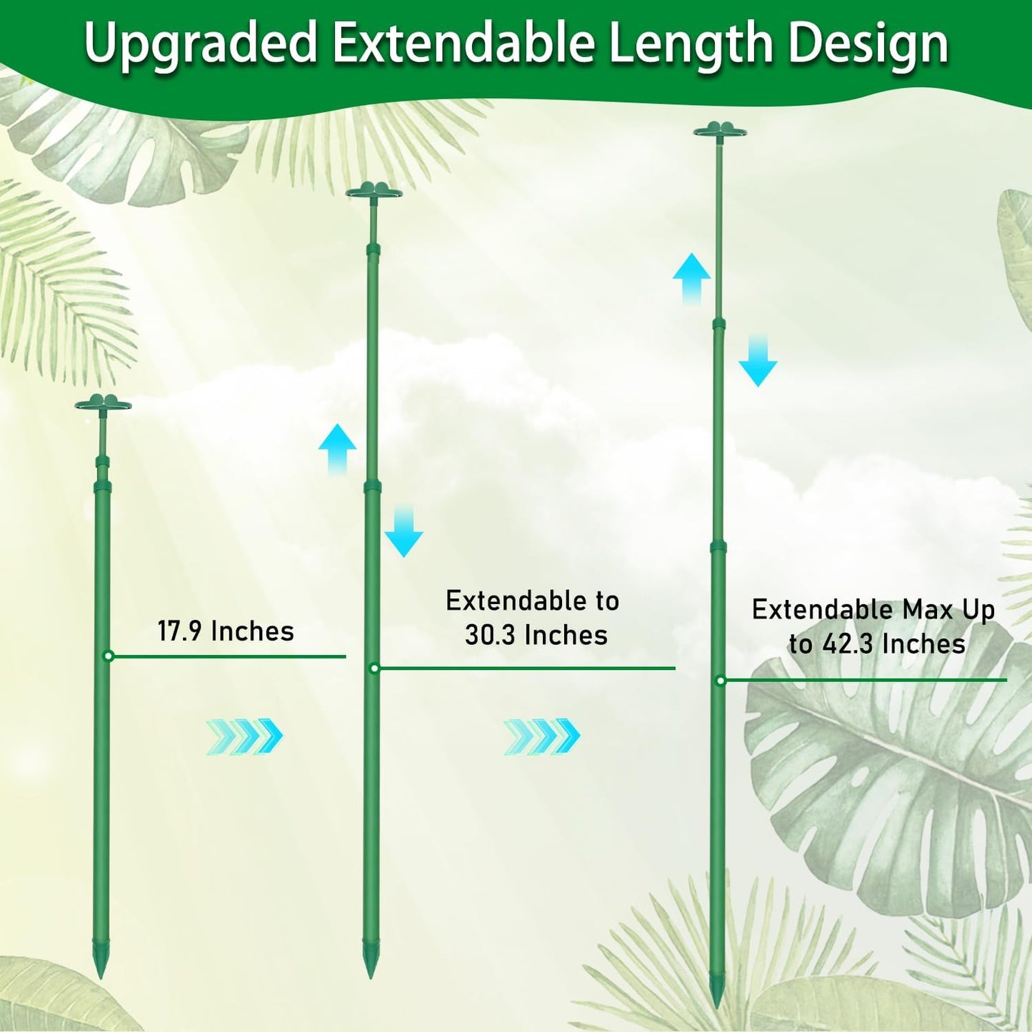 Skiennix Extendable Plant Stakes - Adjustable Support from 17.9" to 42.3" | 3-Pack for Indoor/Outdoor Use