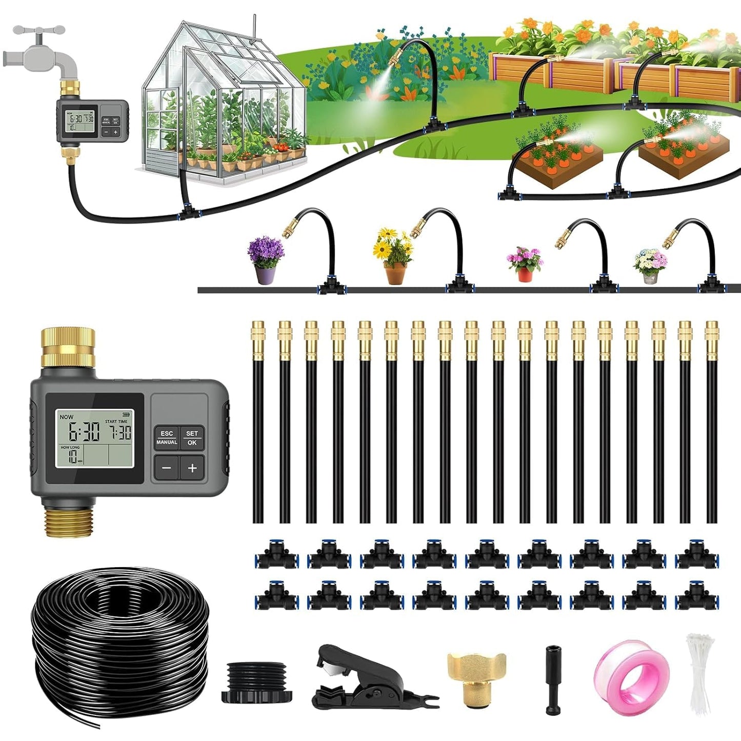Skiennix 60Ft Drip Irrigation System - Automatic Garden Watering Kit with Smart Timer & Adjustable Nozzles