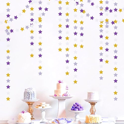 Hugtmr Star Garland - 62ft Purple Lavender & White Gold Party Decorations | Perfect for Birthdays, Weddings, & Showers