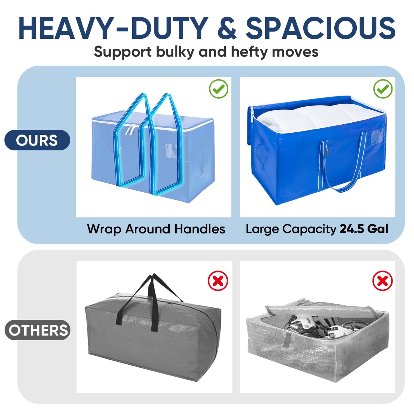 BALEINE 4-Pack Oversized Moving Bags with Reinforced Handles, Heavy-Duty Storage Tote for Clothes, Moving Supplies (Royal Blue, 4-Pack)