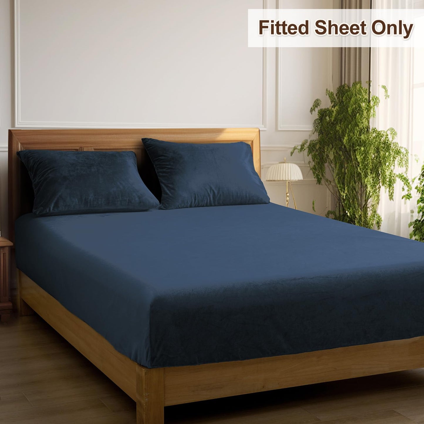 PHF Ultra Soft Velvet Fitted Sheet Twin Size, 16" Deep Pocket with Wider Stronger Elastic Band, Easy Fit Easy Care, 1 Pack Cozy Comfy Flannel Bottom Sheet for All Seasons, No Pillowcases, Navy Blue