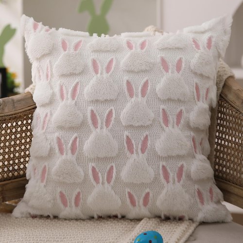 DFXSZ Easter Pillow Covers 18x18 inch Set of 2 Easter Decorations Pink Ears White Rabbit Soft Plush Faux Fur Jacquard Throw Pillows for Bedroom Sofa Holiday Festivals Home Decor FHJ-07D18