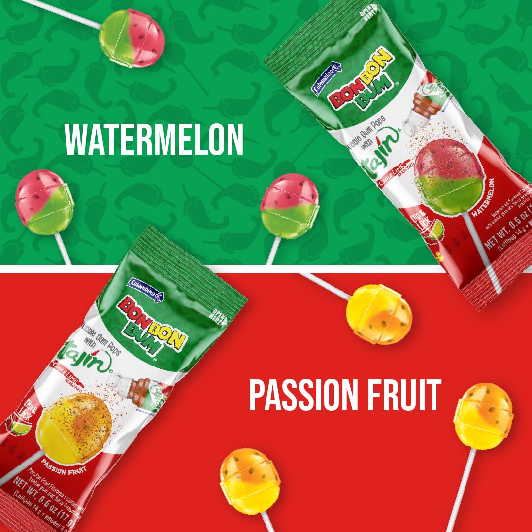 Colombina Bon Bon Bum Tajin Tropical Passion Fruit & Watermelon with Tajin Chile Lime Dip Dispenser, 30 Count (Pack of 1)