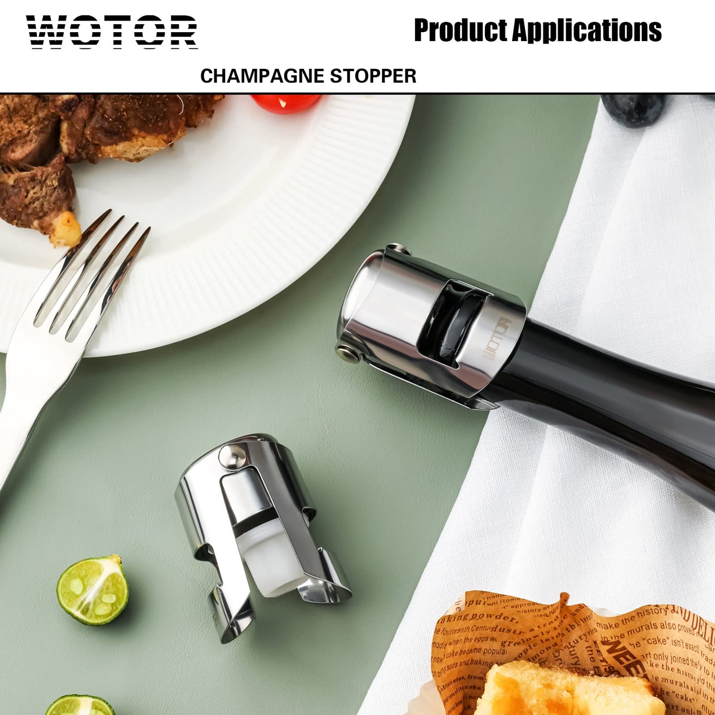WOTOR Champagne Stoppers Stainless Steel, Prosecco Bottle Stopper with Food Grade Silicone, Reusable Champagne Cork & Saver, Leak proof Keep Fresh (Silver, 2 Pack)