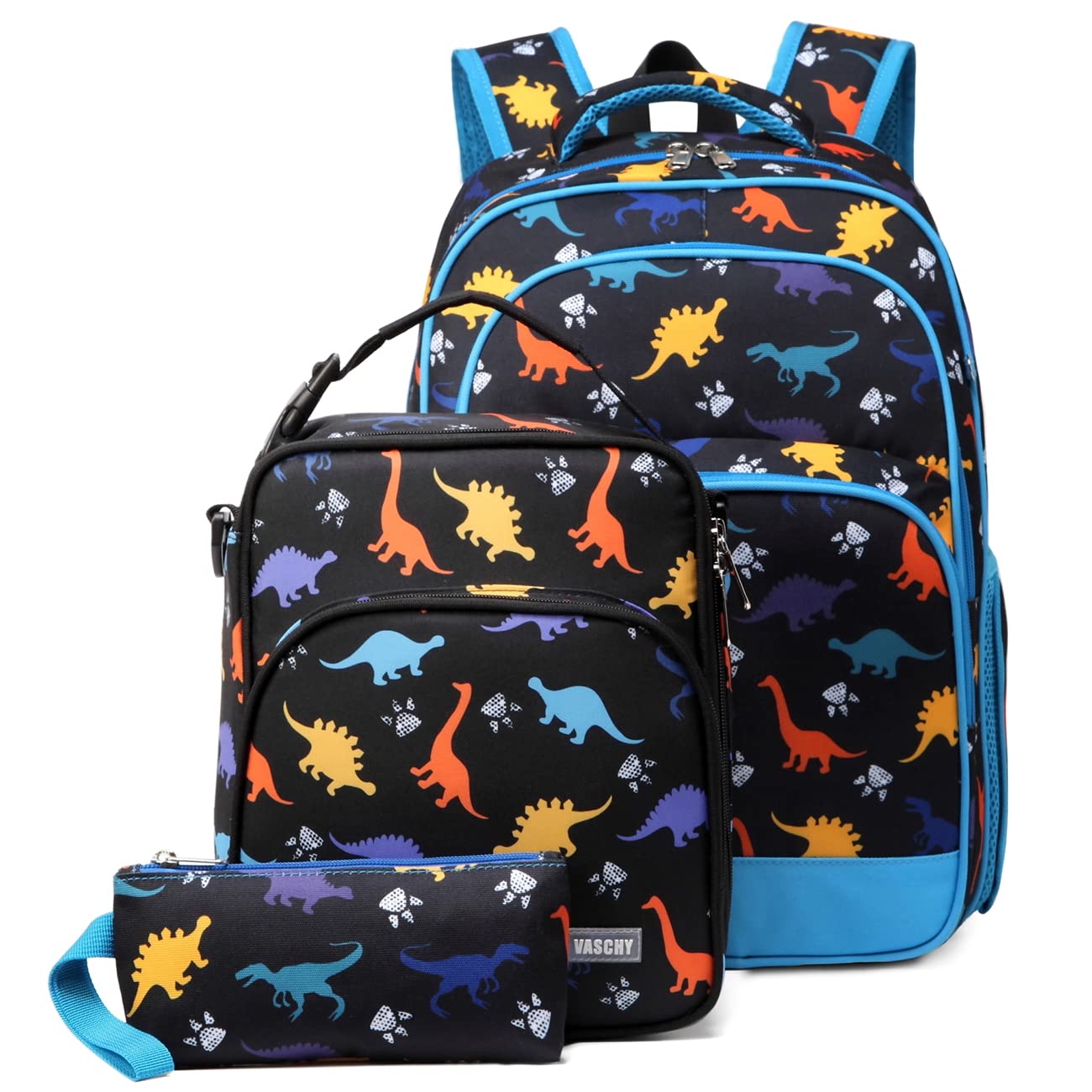 VASCHY Kids School Backpack Lunch Box Bag Pencil Case Combo, Children BookBag Schoolbag Set for Preschool/Kindergarten/Elementry School Supplies Boys Girls Black Dinosaurs