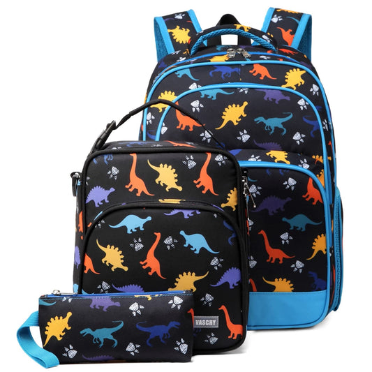 VASCHY Kids School Backpack Lunch Box Bag Pencil Case Combo, Children BookBag Schoolbag Set for Preschool/Kindergarten/Elementry School Supplies Boys Girls Black Dinosaurs