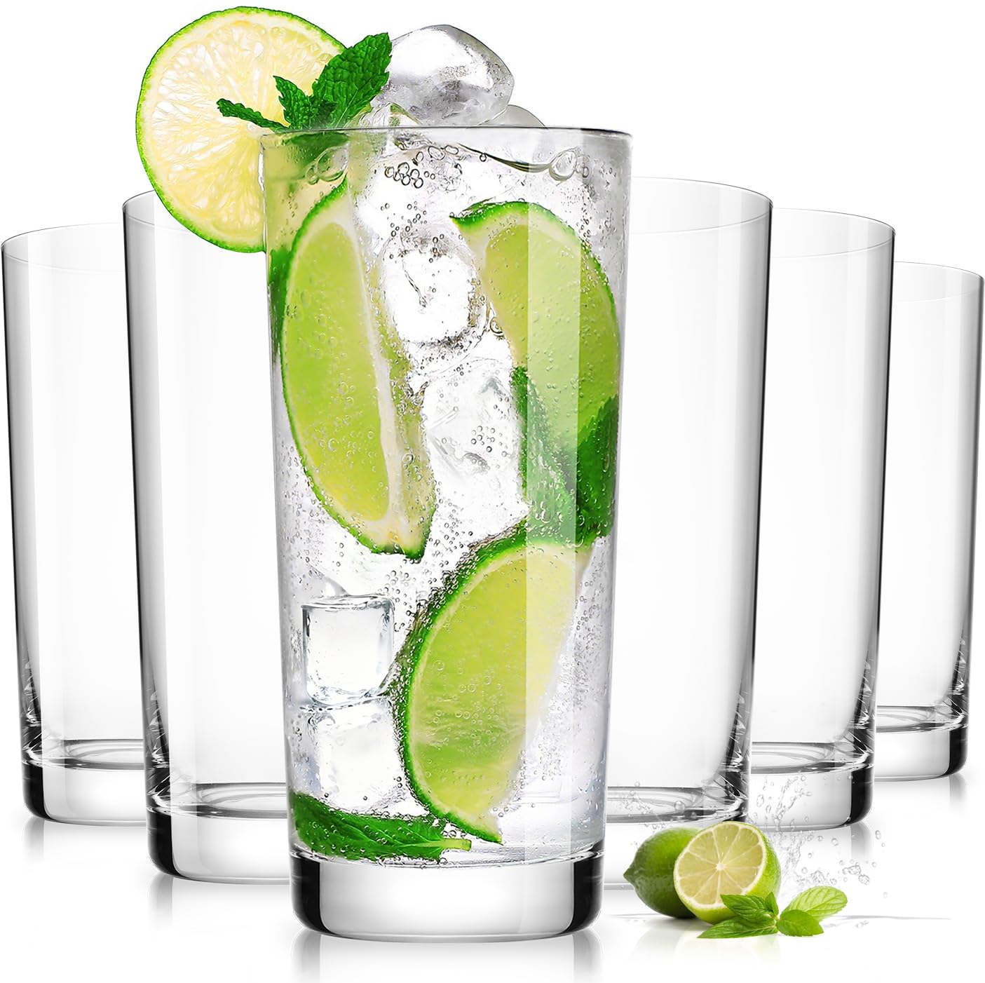 LUNA & MANTHA Drinking Glasses Set of 6, 15.5 oz Water Glasses, Wide Mouth Design Lead-Free Crystal Highball Glassware, Tall Glass Cups for Cocktail Parties, Family Dinners