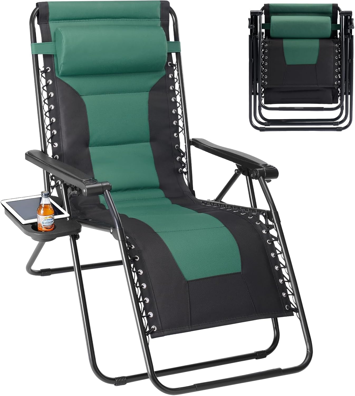 Sweetcrispy Zero Gravity Chairs - Foldable Patio Recliners with Adjustable Pillow & Cup Holder | Supports 400 lbs, Black-Green