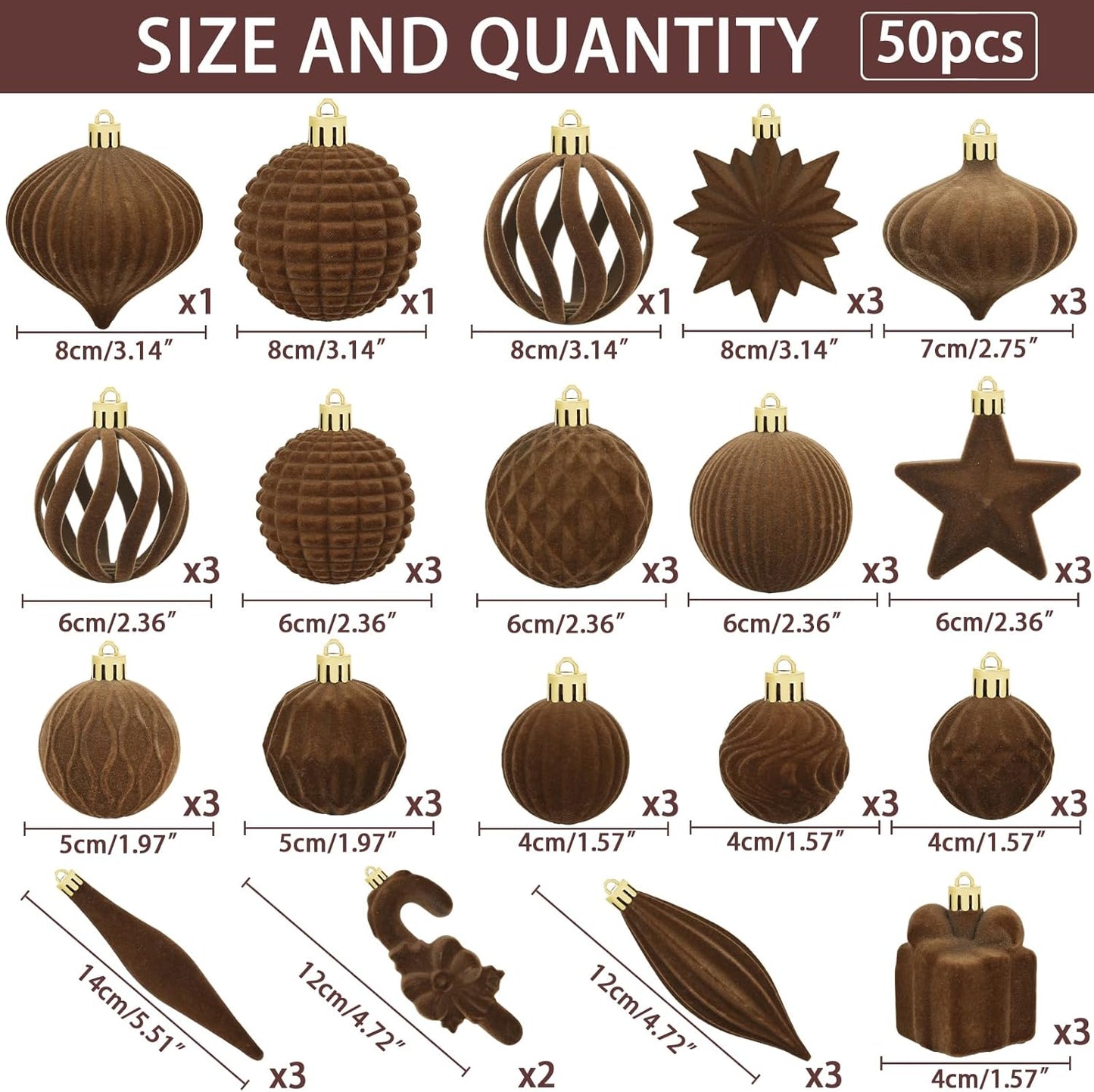 Regine Switzerland 50 Pcs Brown Velvet Christmas Balls - Flocked Hanging Ornaments for Holiday Decor