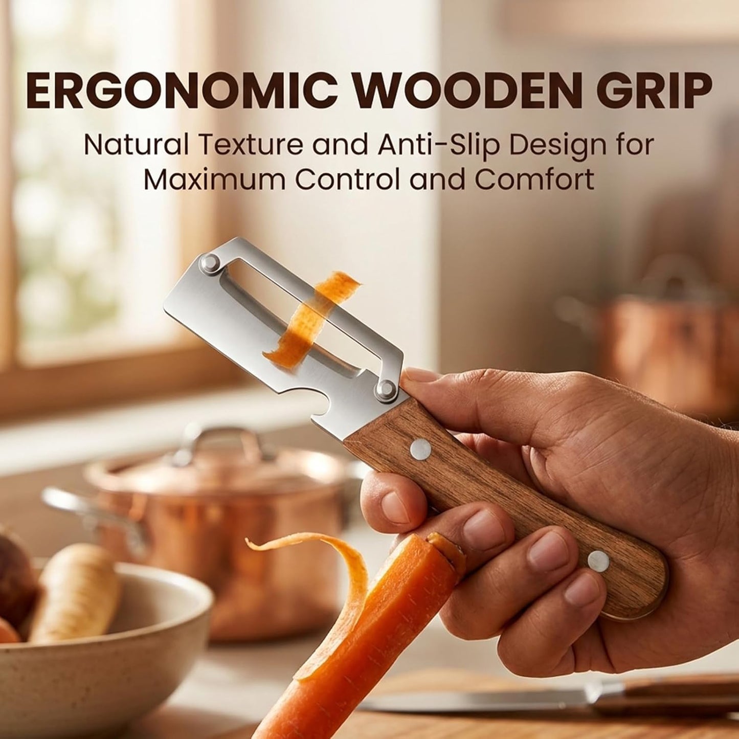 Sakerplus 2-in-1 Vegetable Peeler - Multifunctional Potato Peeler with Wooden Handle & Stainless Steel Blade