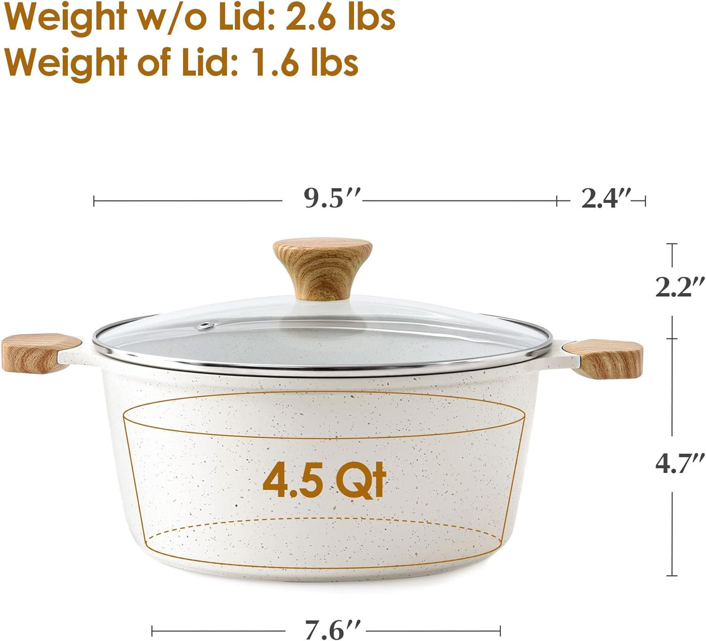SENSARTE Ceramic Nonstick Stock Pot - 4.5 Quart Induction Cooking Pot with Tempered Glass Lid | PFOA Free, White