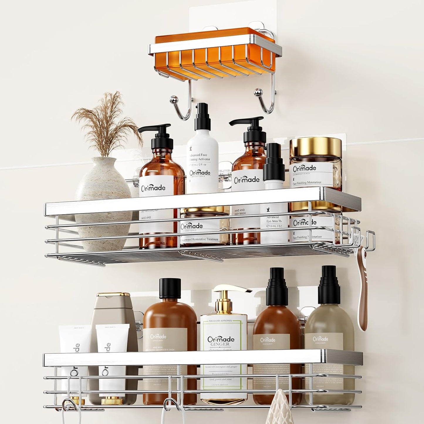 Orimade Shower Caddy - Wall-Mounted Soap Dish Holder with 5 Hooks | Stainless Steel, 3 Pack, Silver
