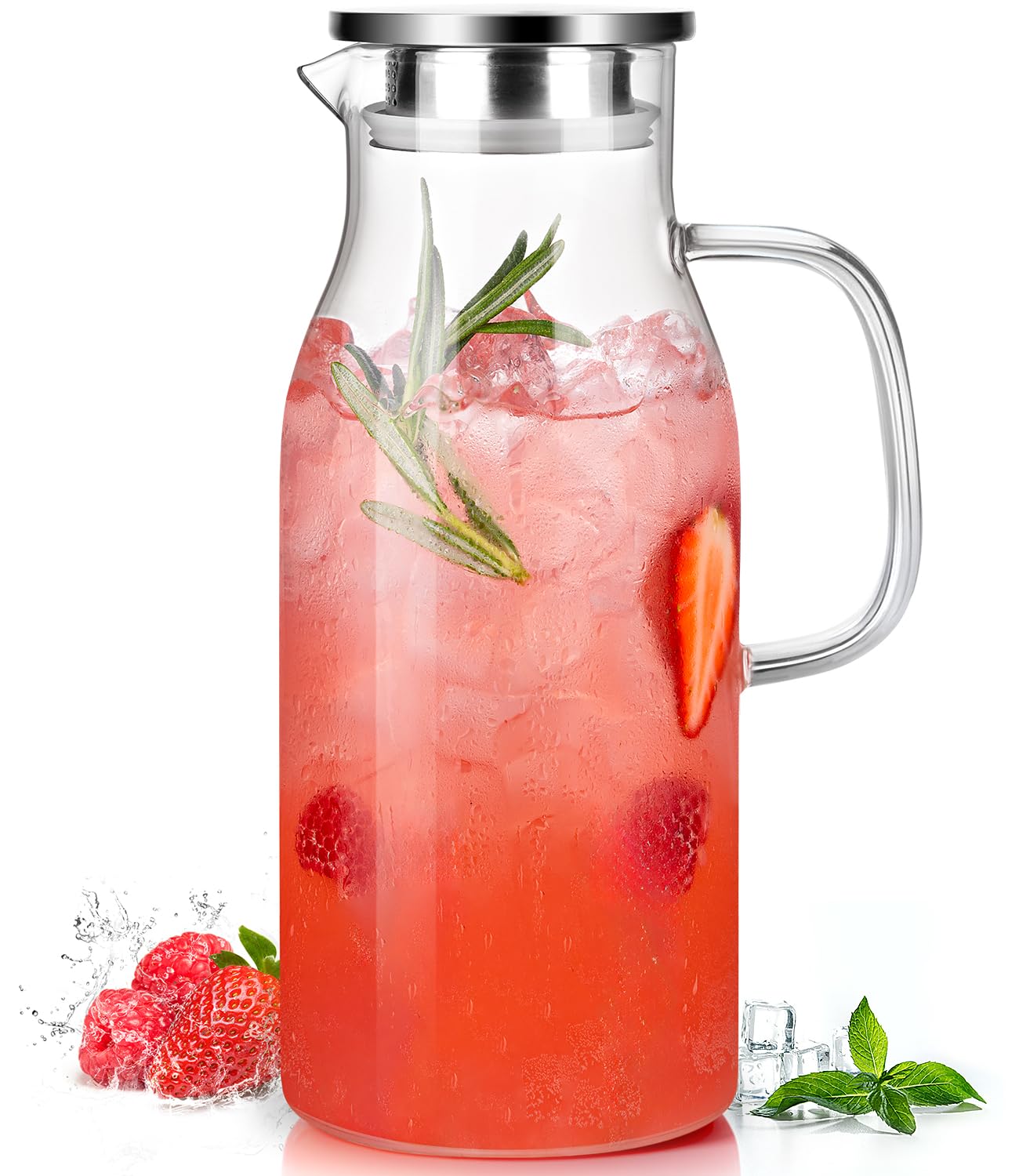 LUNA&MANTHA Glass Pitcher, 2 Liter 68oz Water Pitcher with Lid and Spout, Large Ice Tea Jug for Fridge, Thick Drink Jug with Handle for Juice, Coffee, Borosilicate Glass Carafe Hot/Cold Beverage