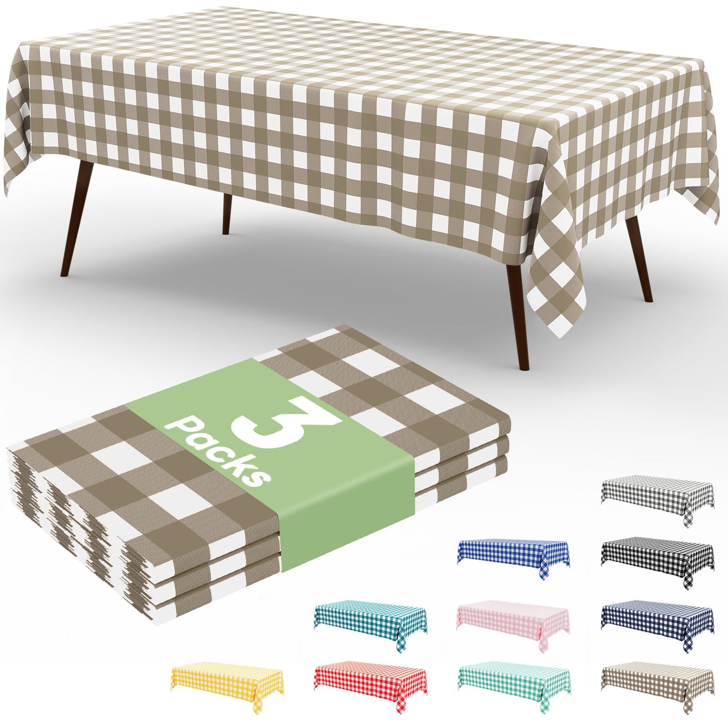misaya 3 Packs Buffalo Disposable Table Cloth, 54 x 108 Inch Waterproof Plastic Tablecloth, Rectangle Khaki and White Checkered Table Covers for Picnic, Birthday, Party