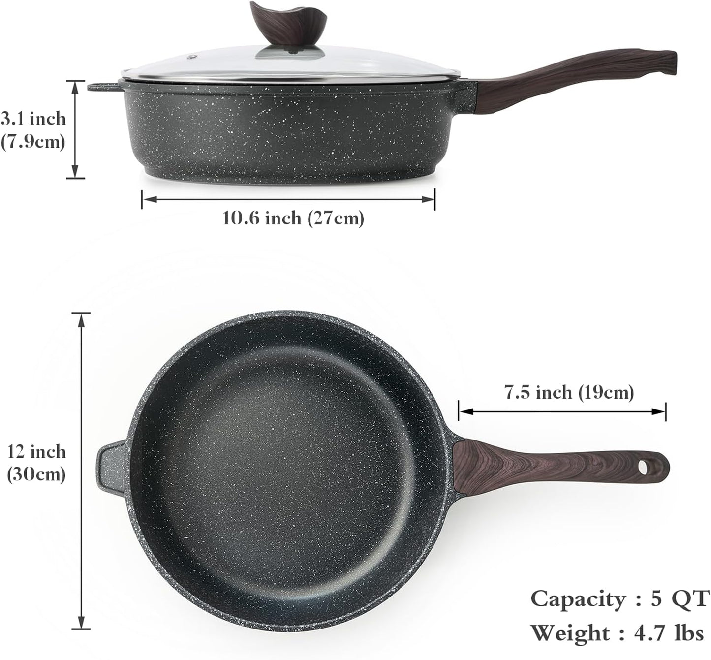 Kordisen Nonstick Deep Frying Pan - 12 Inch Large Skillet with Lid | 5 Qt Healthy Induction Cookware, PFOA Free