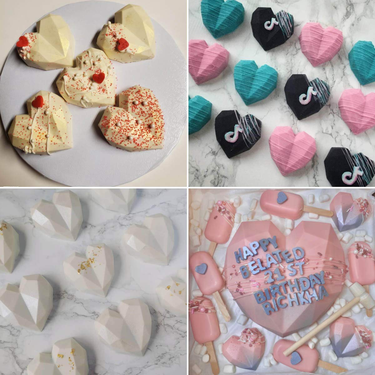 8 Grid Diamond Heart Silicone Cake Chocolate Mold Silicone Baking Pan Mold for DIY Cake Mousse Dessert 3D Diamond Love Heart Shaped Mould for Candy Fondant Ice Cream Soap Cupcake Cheesecake Jelly