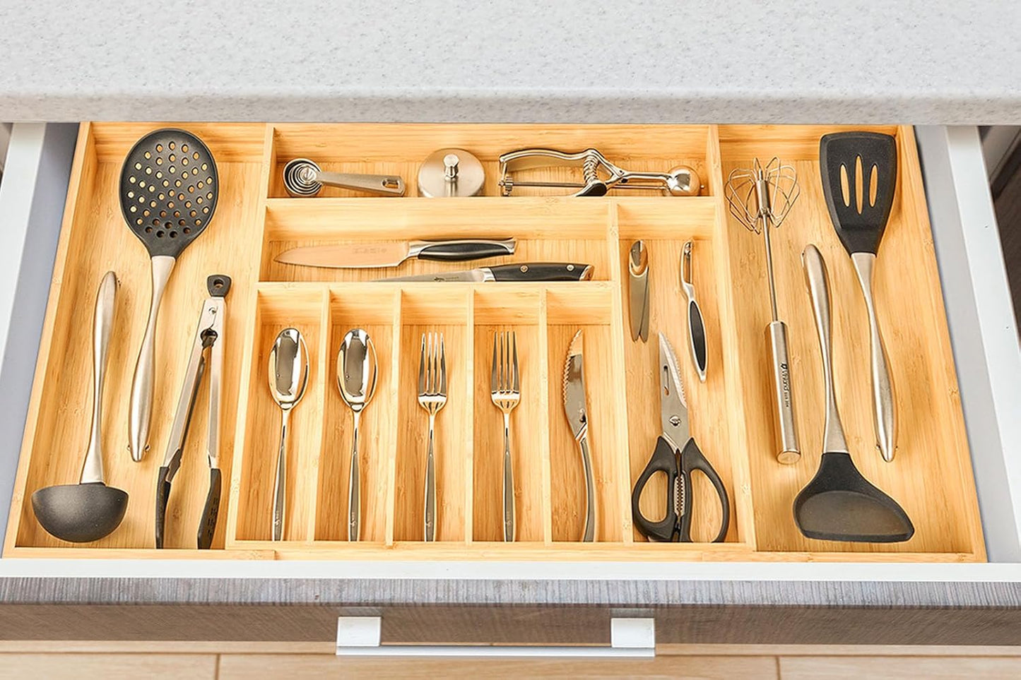 Umilife Extra Large Expandable Kitchen Utensil Drawer Organizer - Adjustable Bamboo Divider, 19" Deep